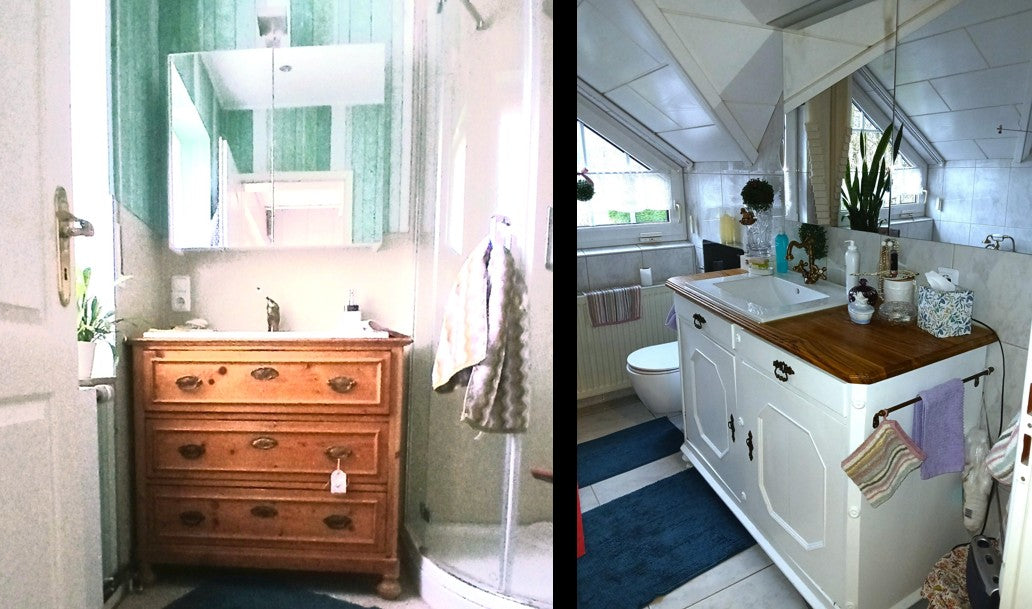 Zwei Bäder, zwei Stile: Antike Waschtische als individuelle Highlights