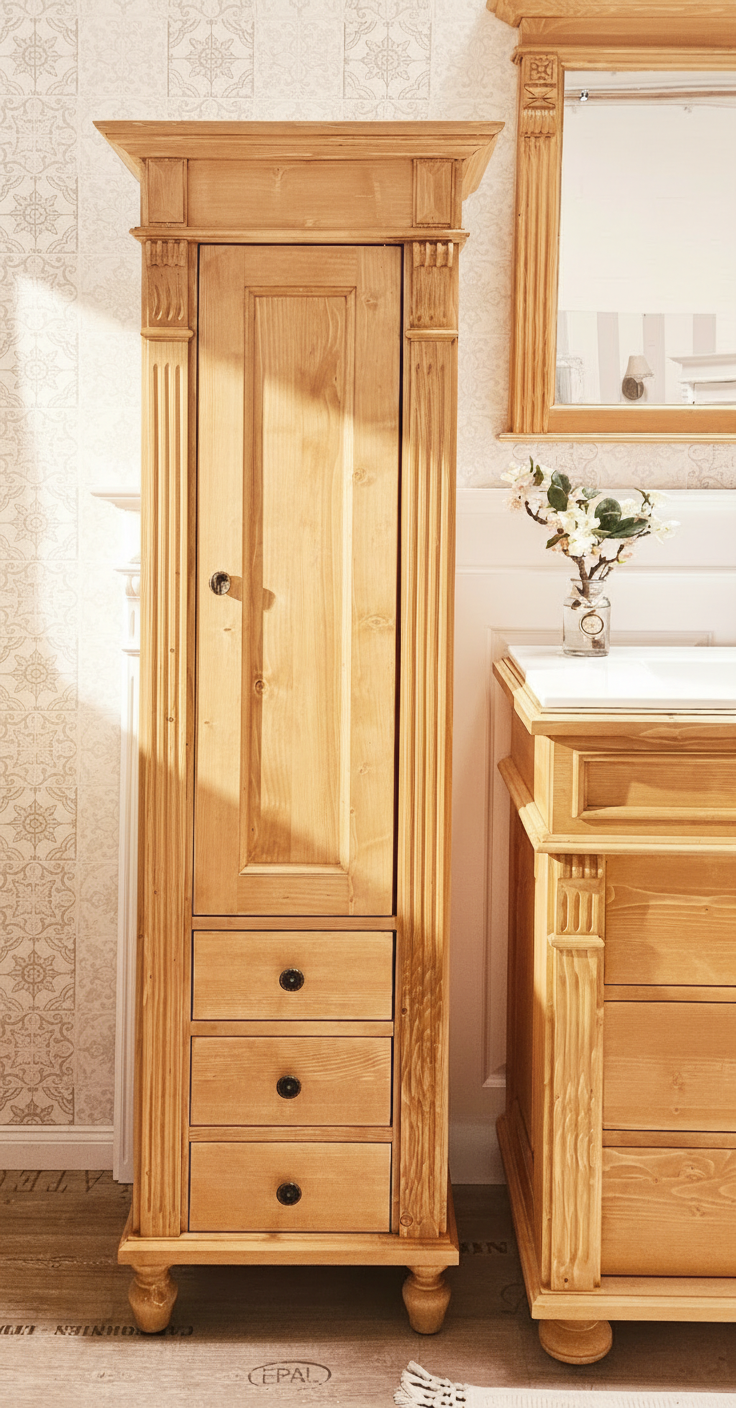 Lillesand - Kleiner Hochschrank im Gründerzeit-Stil, Landhaus-Möbel Massivholz natur