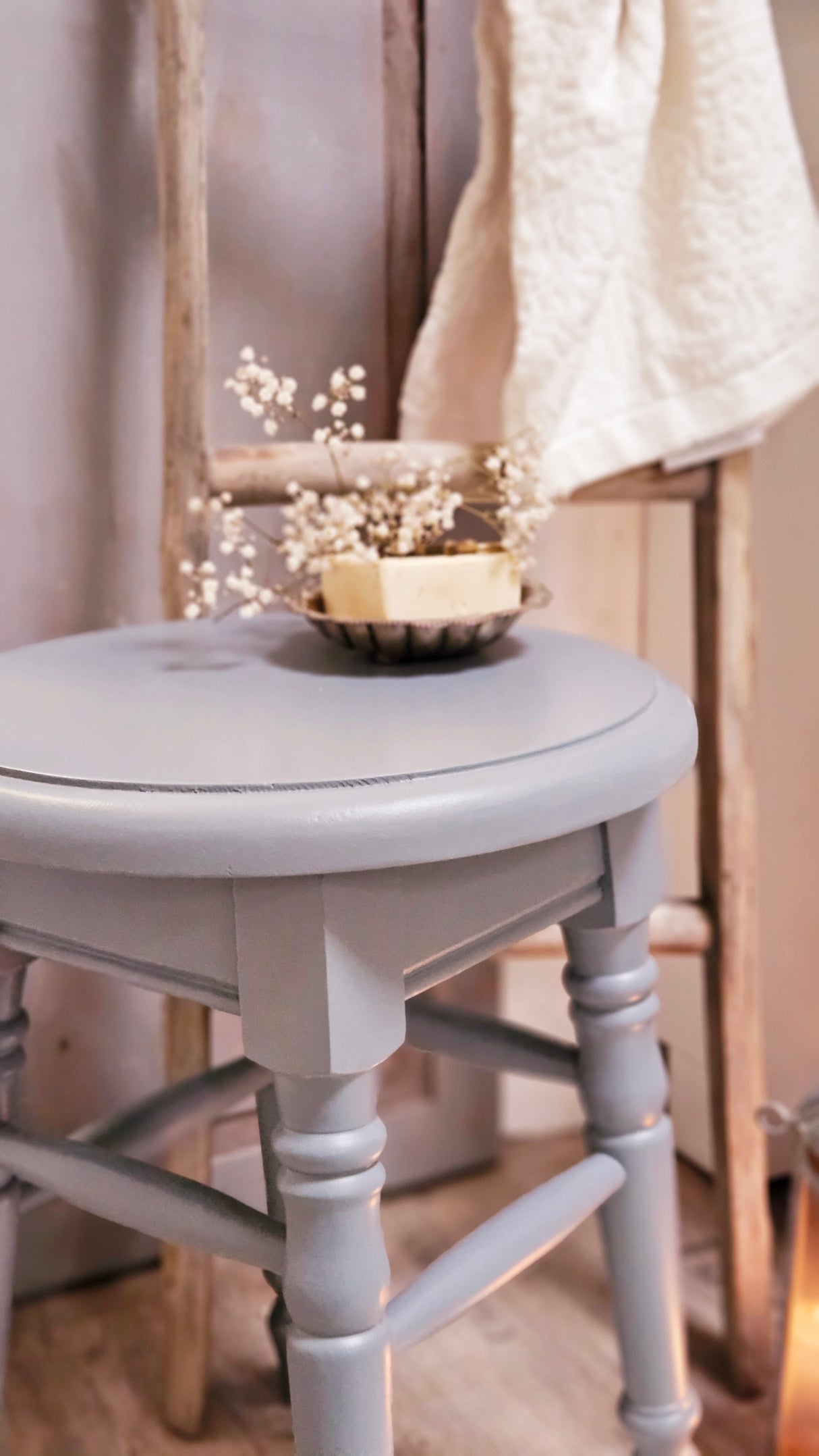 "Lia" - Country House Stool Solid Wood Blue-Grey