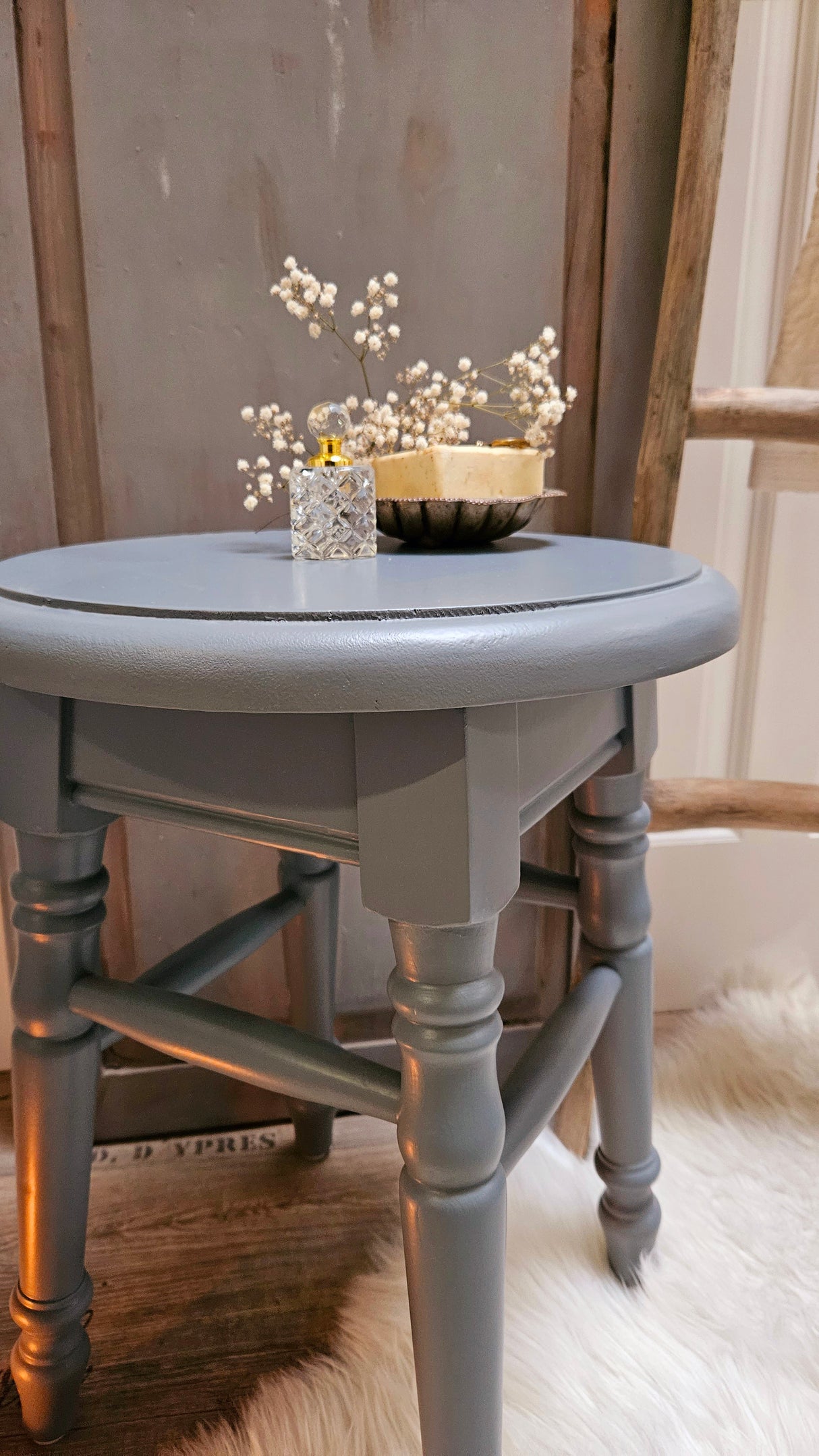 "Lia" - Country House Stool Solid Wood Blue-Grey