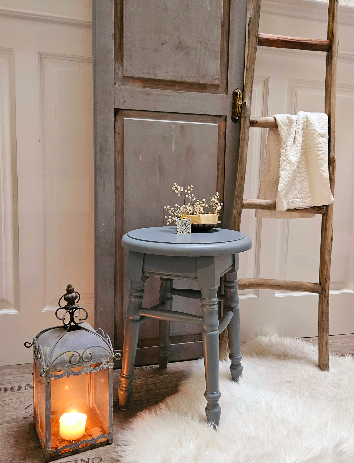 "Lia" - Country House Stool Solid Wood Blue-Grey