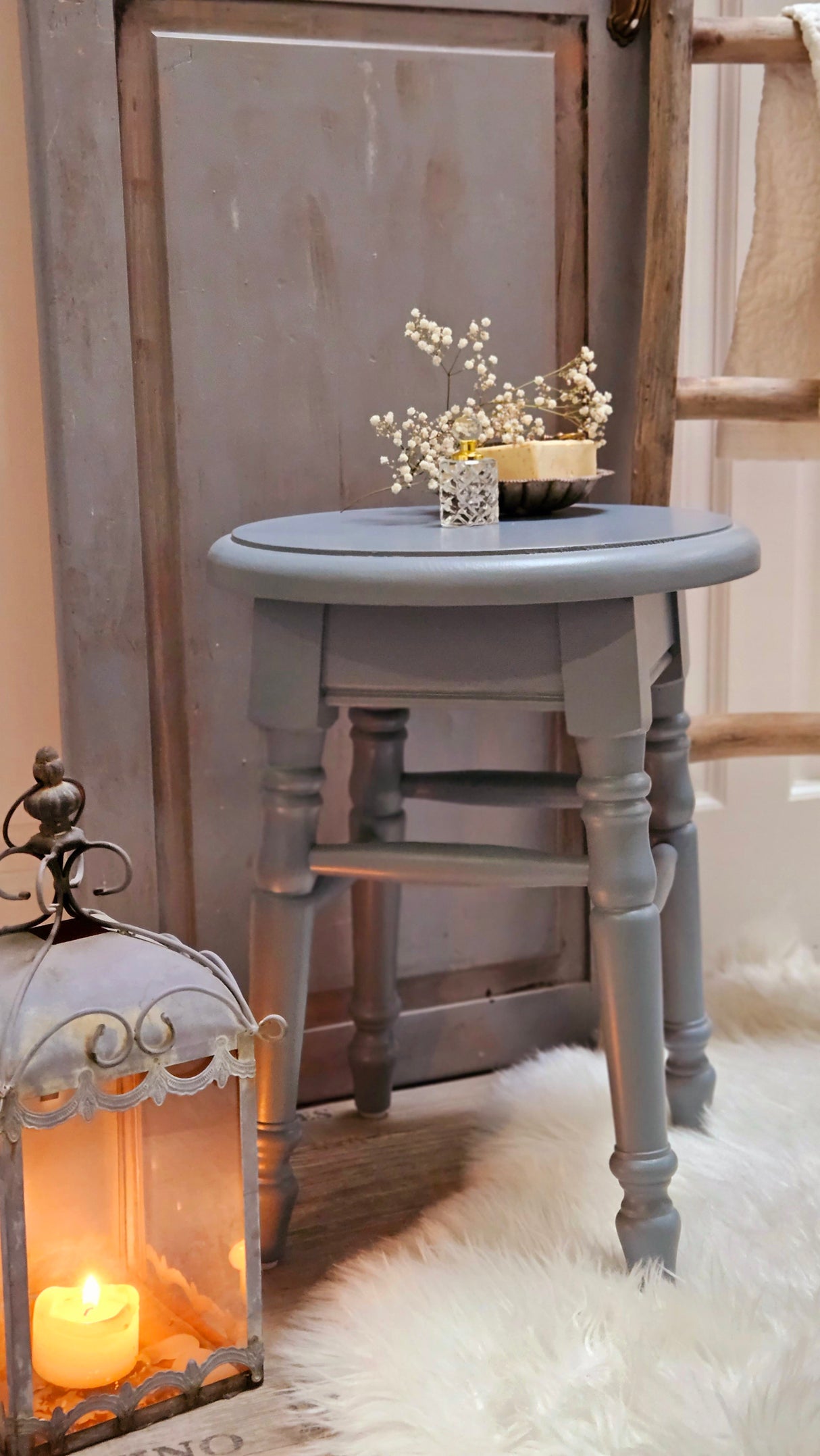 "Lia" - Country House Stool Solid Wood Blue-Grey
