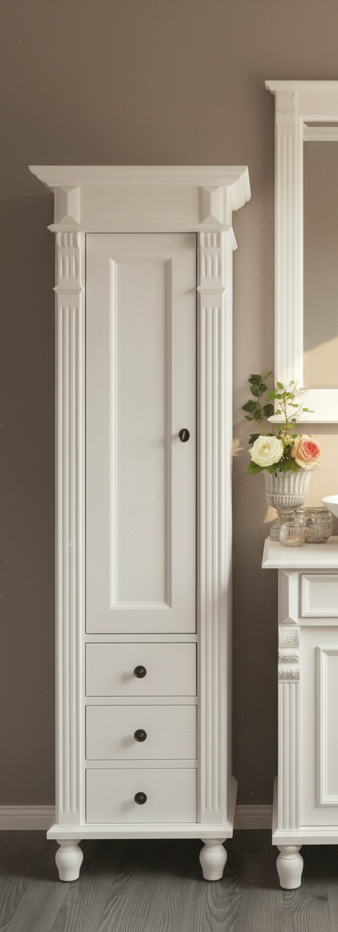Marillé - Small tall cabinet in Wilhelminian style, country house furniture made of solid wood, white