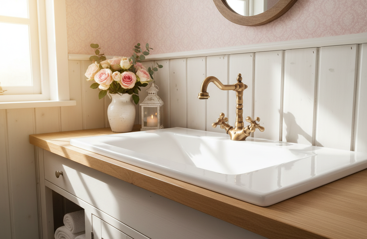 Havel bronze - cross handle fitting antique brass in country house style including drain valve