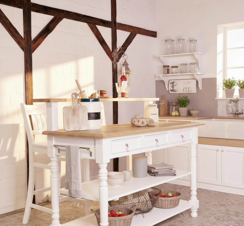 "Loni" kitchen island for country house style, 145 cm wide