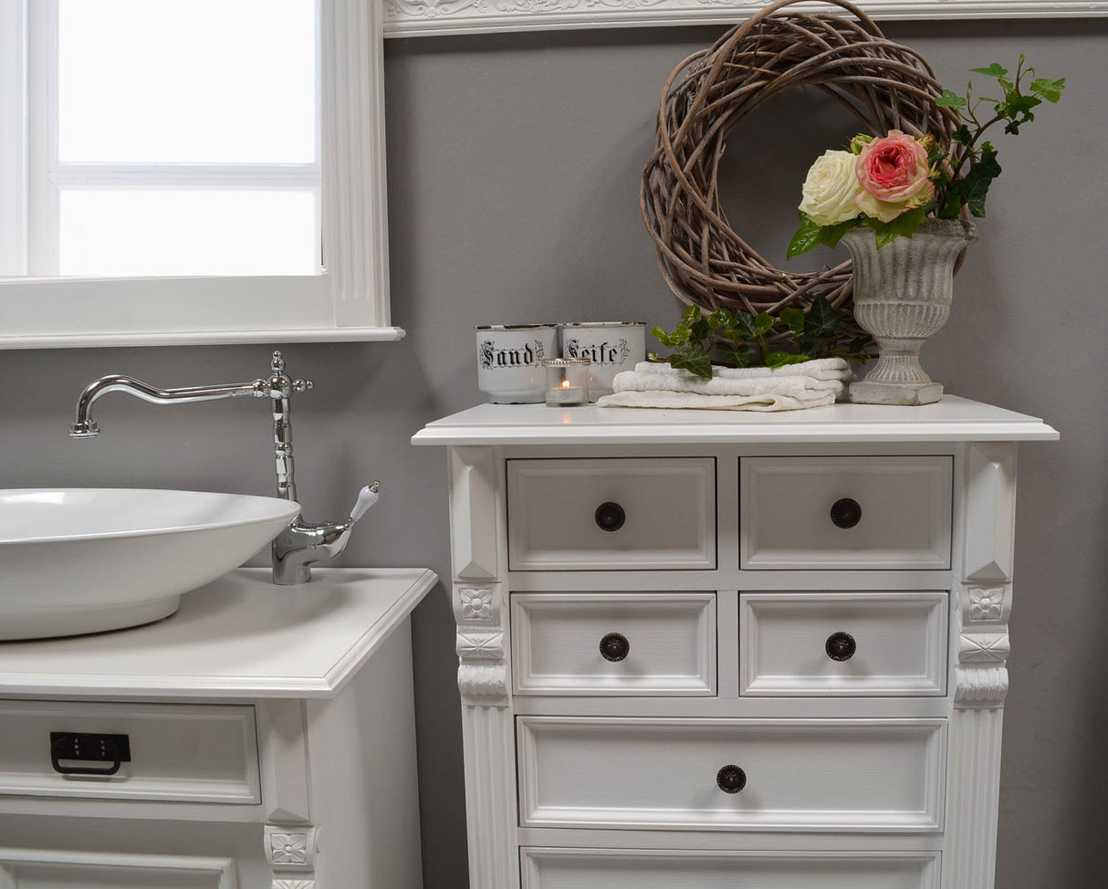 Élaine - Small tall cabinet in the Wilhelminian style, country house furniture in solid wood, white
