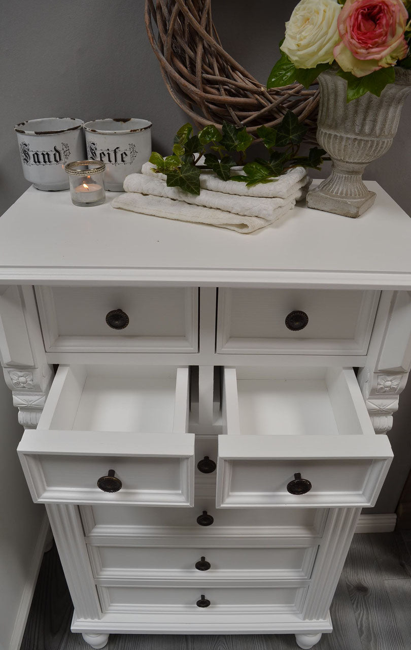 Élaine - Small tall cabinet in the Wilhelminian style, country house furniture in solid wood, white