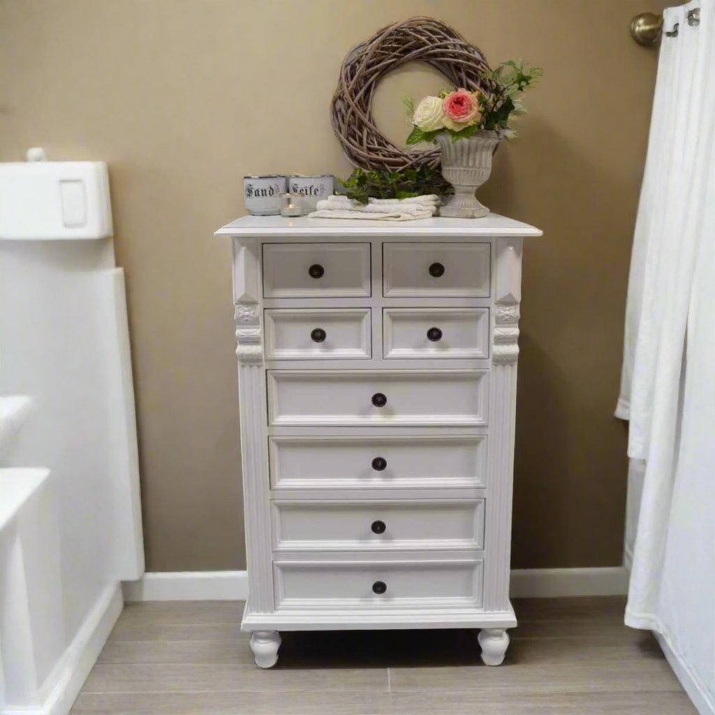 Élaine - Small tall cabinet in the Wilhelminian style, country house furniture in solid wood, white