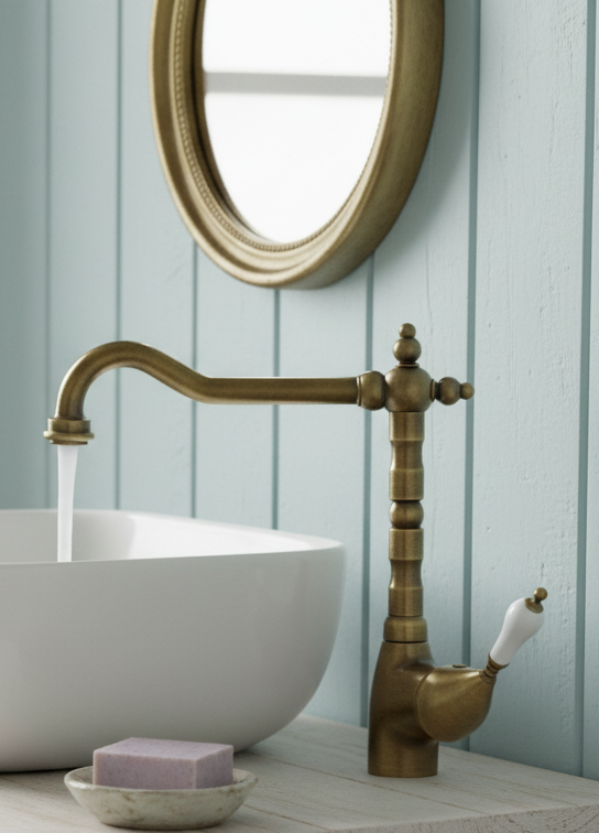 Mosel bronze groß - Armatur im Messing-Antik-Look, Einhebelmischer Bronze im Landhausstil