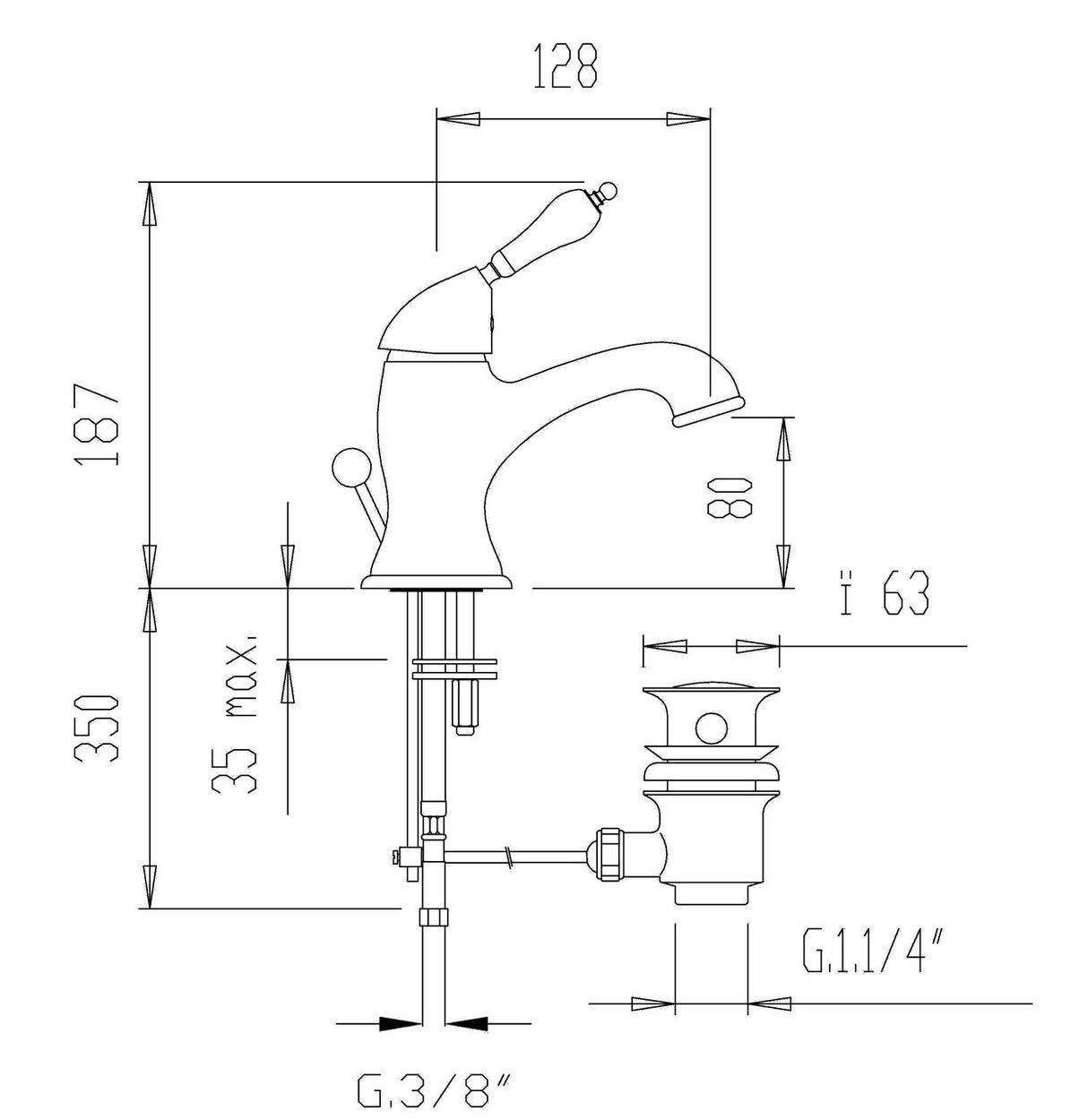 Ilmenau chrome - Single lever mixer tap nostalgic country house style incl. drain valve
