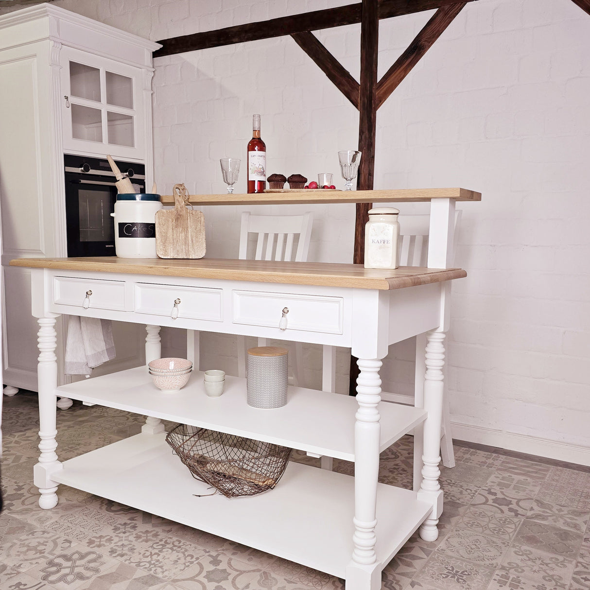 "Loni" kitchen island for country house style, 145 cm wide