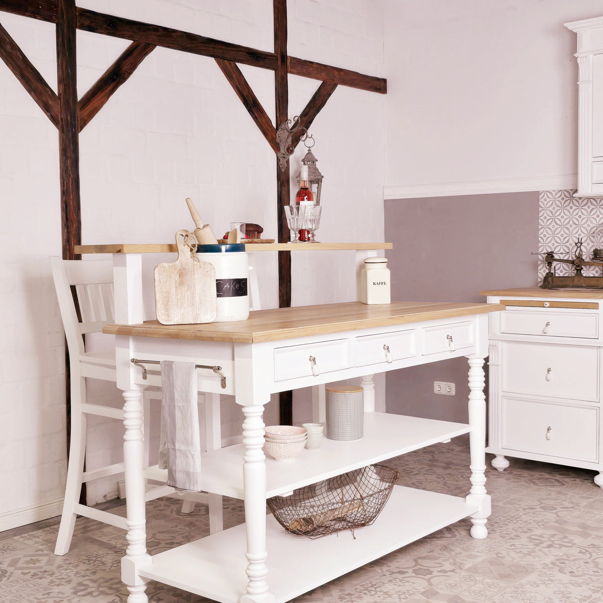 "Loni" kitchen island for country house style, 145 cm wide
