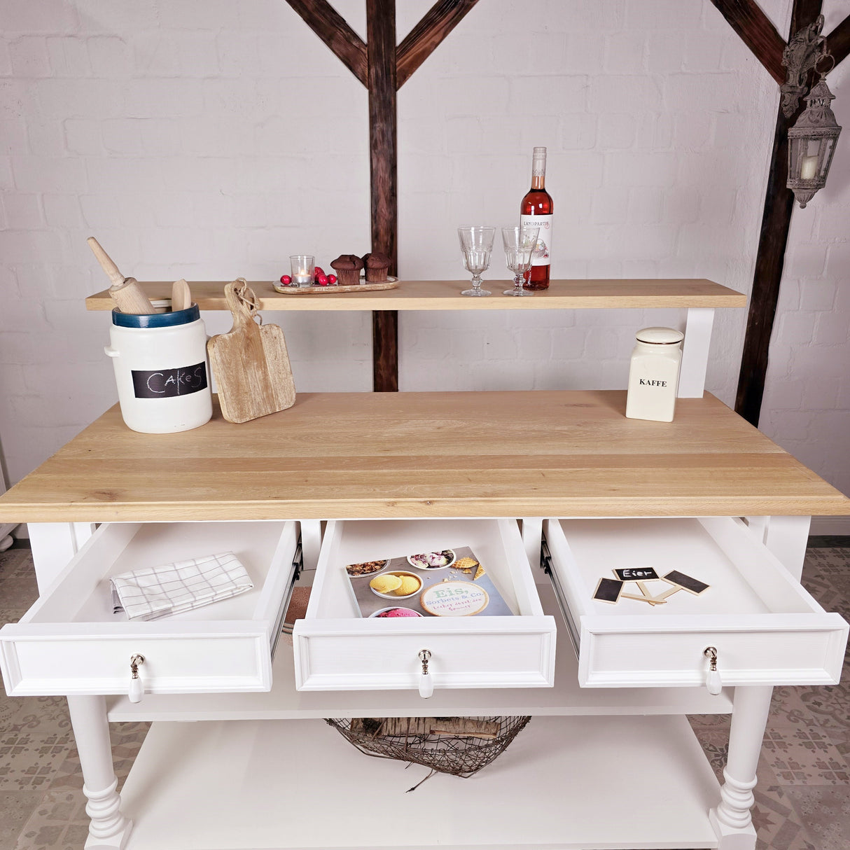 "Loni" kitchen island for country house style, 145 cm wide
