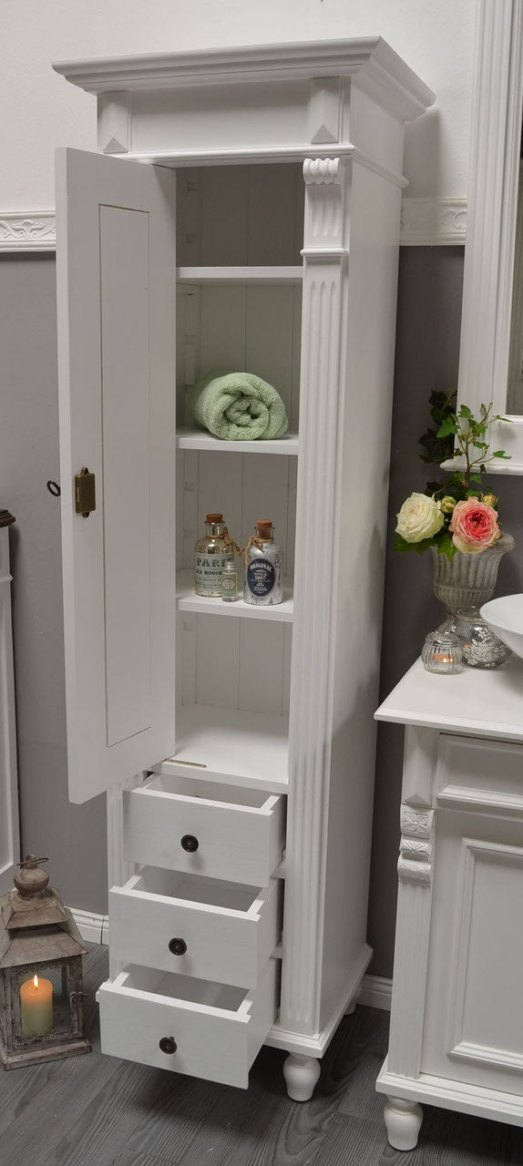 Marillé - Small tall cabinet in Wilhelminian style, country house furniture made of solid wood, white
