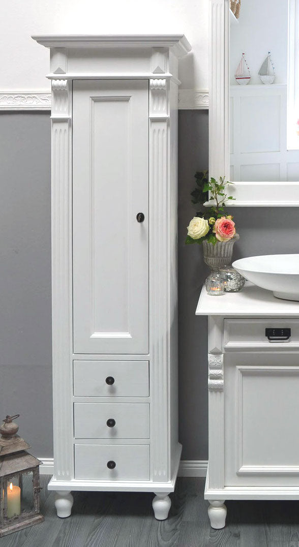 Marillé - Small tall cabinet in Wilhelminian style, country house furniture made of solid wood, white