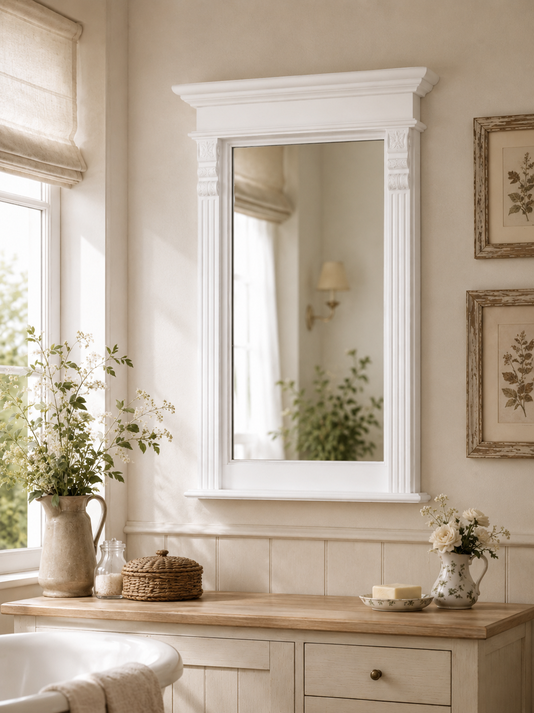 "Rail" - Country-style mirror in white for hallway & living area