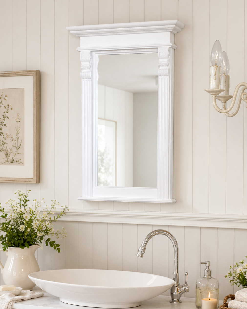 Rail - solid country house mirror in the Wilhelminian style, pure white