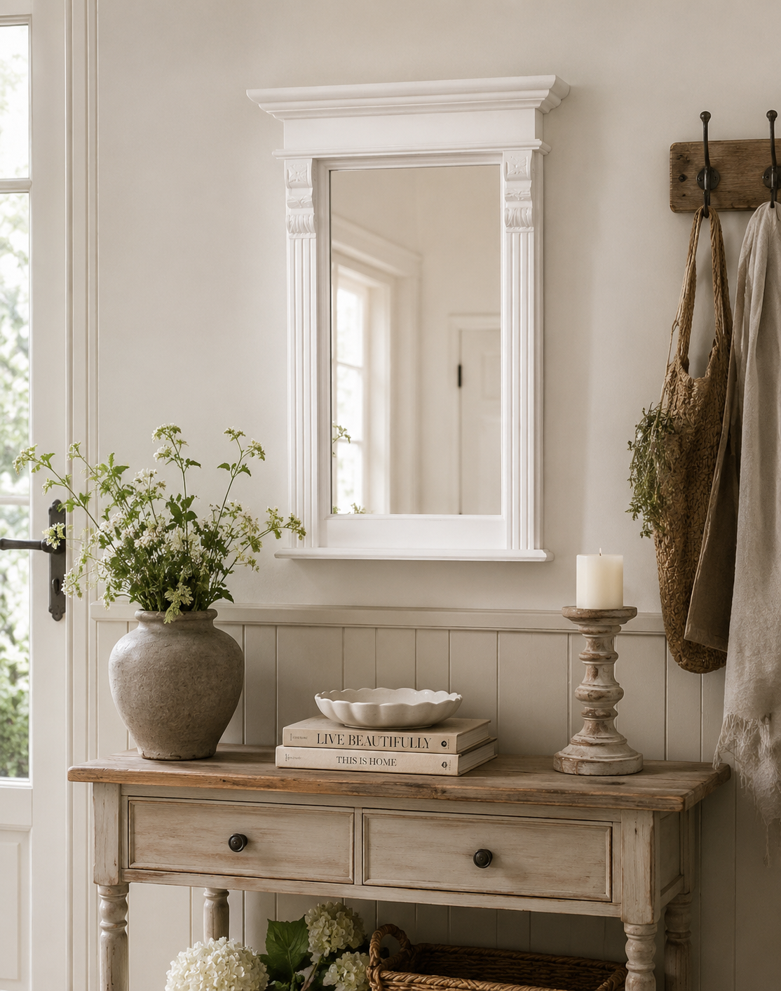 "Rail" - Country-style mirror in white for hallway & living area