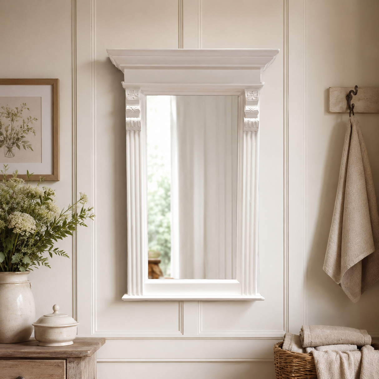 "Rail" - Country-style mirror in white for hallway & living area