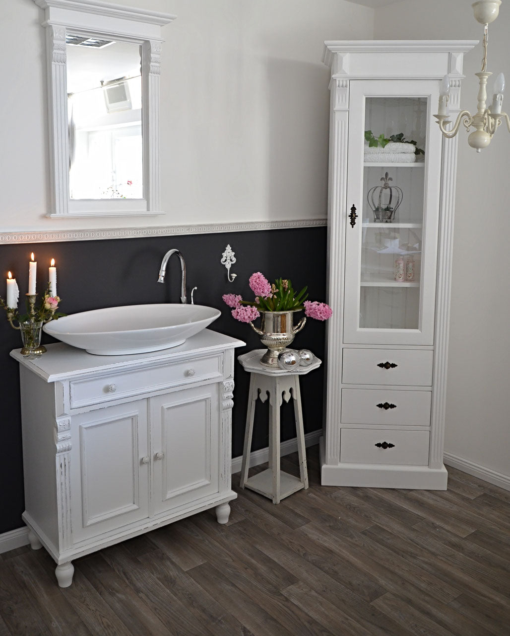 Zarnè - Elegant tall cabinet in Wilhelminian style, variable feet, country house furniture in solid wood, white