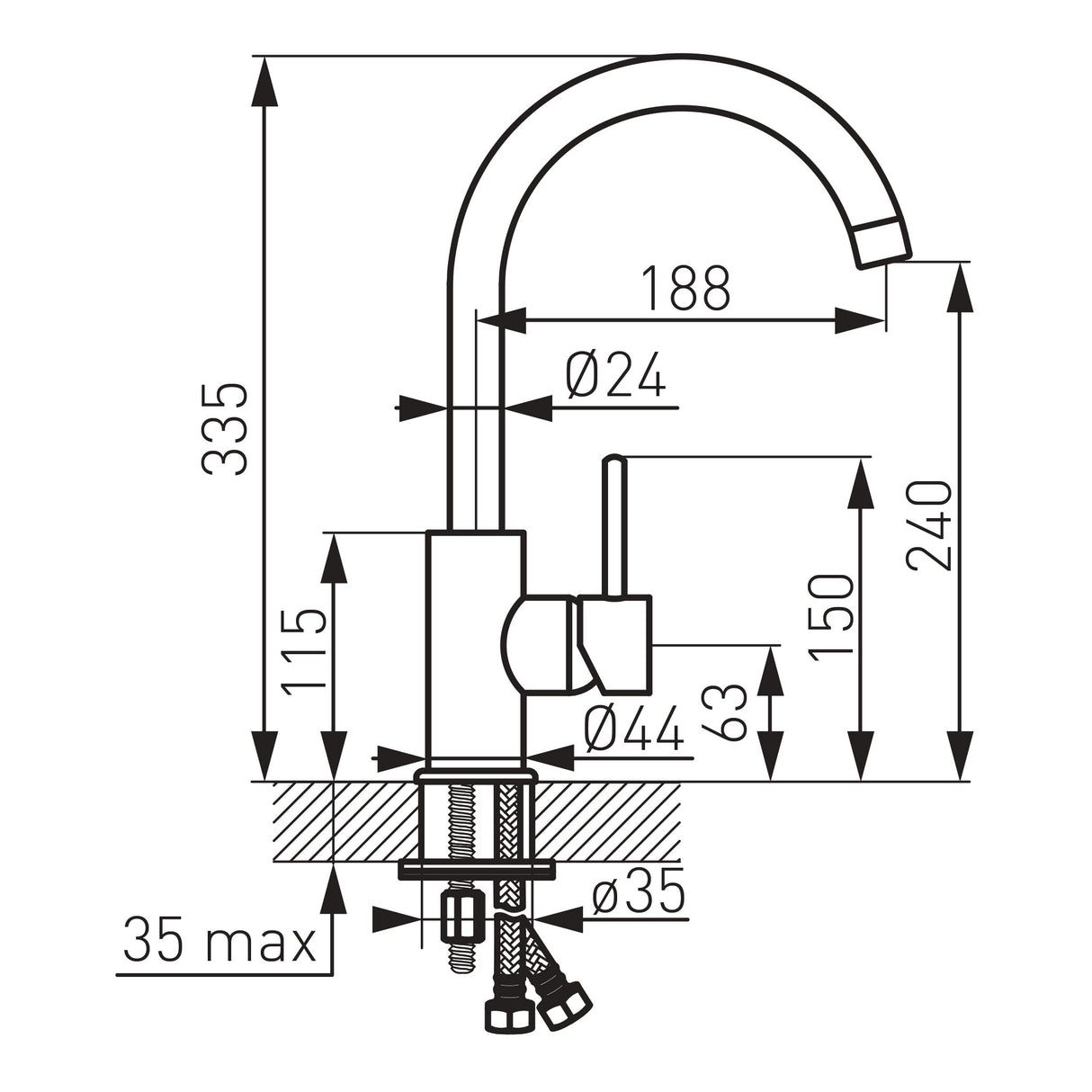 Tray - modern, curved large tap, single-lever mixer chrome