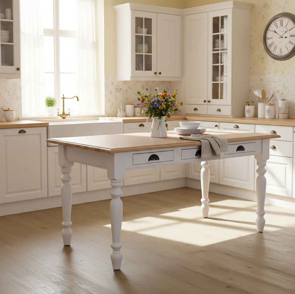 "Diable" - Landhaus-Esstisch mit Eichenplatte mit Schubladen und gedrechselten Beinen