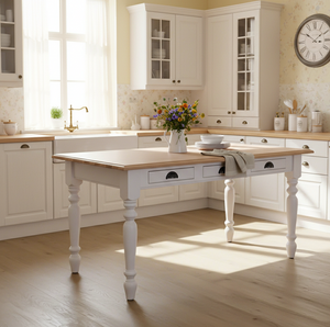 "Diable" - Landhaus-Esstisch mit Eichenplatte mit Schubladen und gedrechselten Beinen