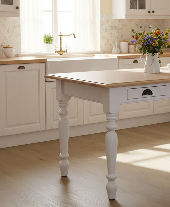 "Diable" - Landhaus-Esstisch mit Eichenplatte mit Schubladen und gedrechselten Beinen