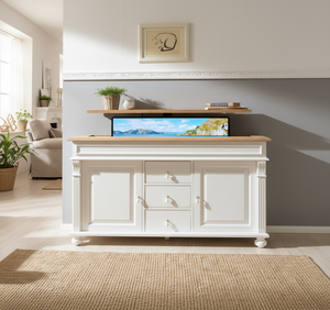 "Noemi" : Meuble TV avec système de levage pour téléviseurs de 55 ou 65 pouces, style maison de campagne