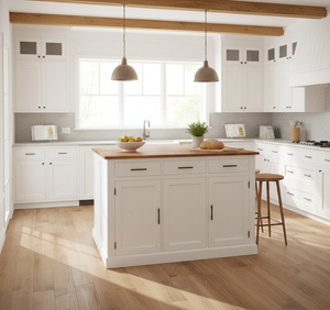 "Monuiso" - Kücheninsel mit Eichenplatte, Stauraum und Platz für Kisten oder Stühle