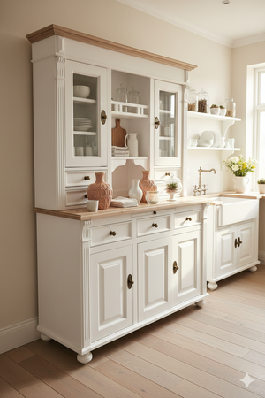 "Elana" - Landhaus-Buffet, Landhaus Vitrine mit Eichenplatte 138 cm