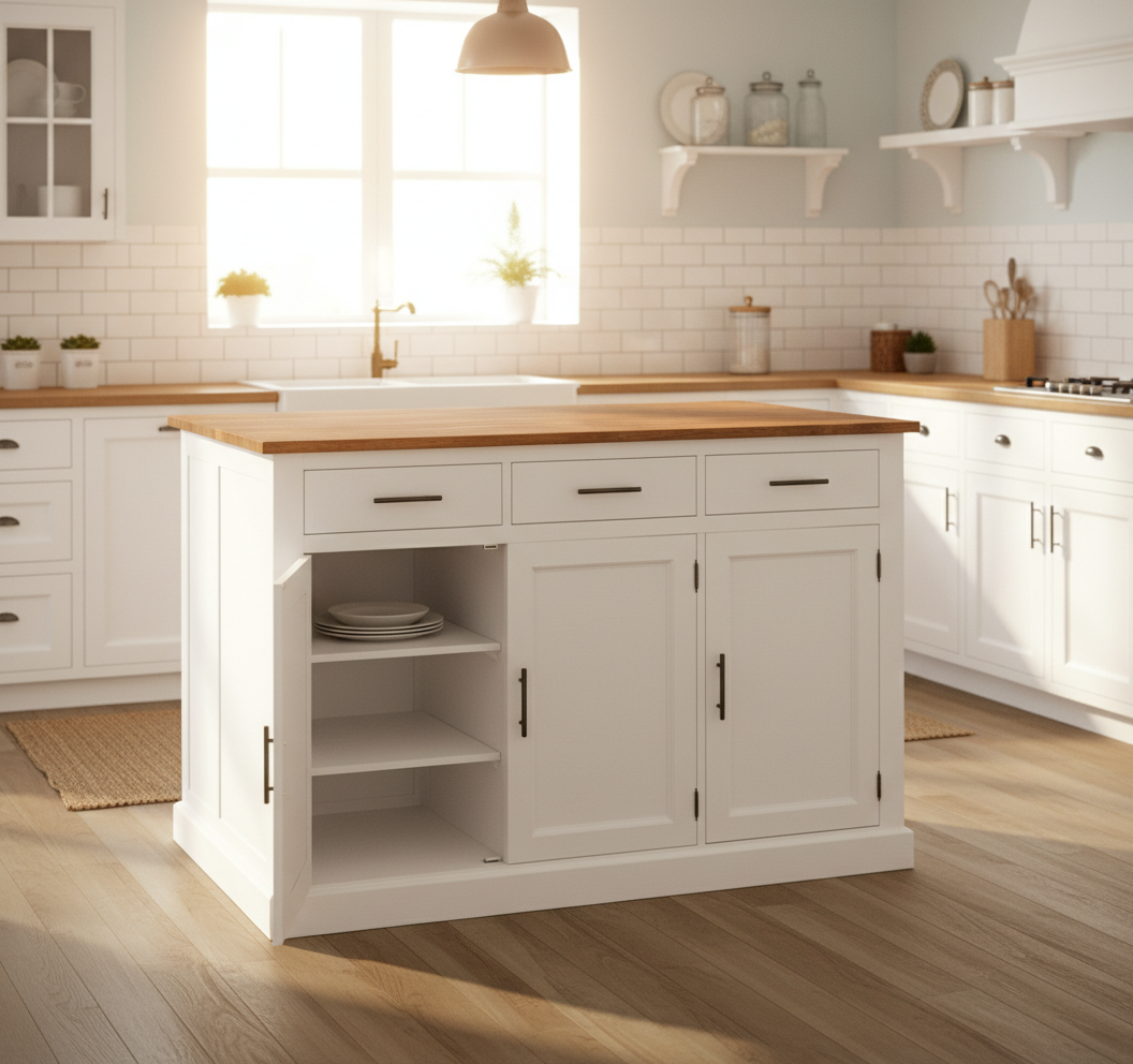 "Monuiso" - Kücheninsel mit Eichenplatte, Stauraum und Platz für Kisten oder Stühle