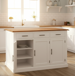 "Monuiso" - Kücheninsel mit Eichenplatte, Stauraum und Platz für Kisten oder Stühle