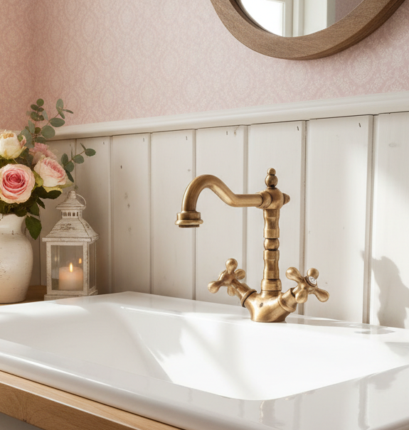 Havel bronze - cross handle fitting antique brass in country house style including drain valve