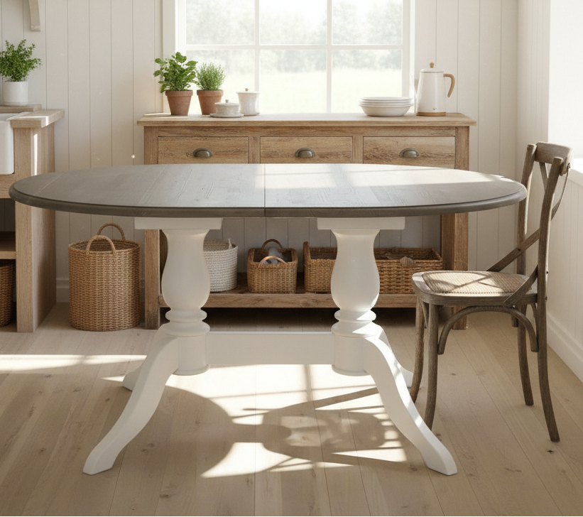 "Chochette noir" - Ausziehbarer Landhaus-Esstisch aus Massviholz 160/230