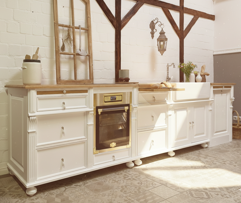 Meuble de cuisine avec compartiment four, de style campagnard, en bois massif