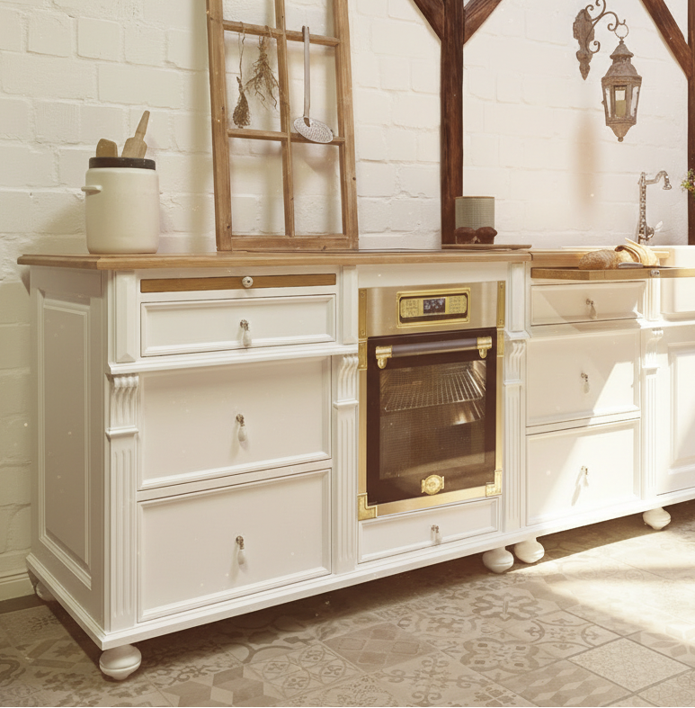 Meuble de cuisine avec compartiment four, de style campagnard, en bois massif