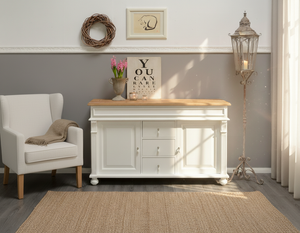 "Noemi" : Meuble TV avec système de levage pour téléviseurs de 55 ou 65 pouces, style maison de campagne