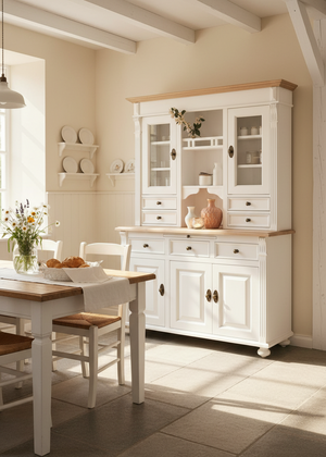 "Elana" - Landhaus-Buffet, Landhaus Vitrine mit Eichenplatte 138 cm