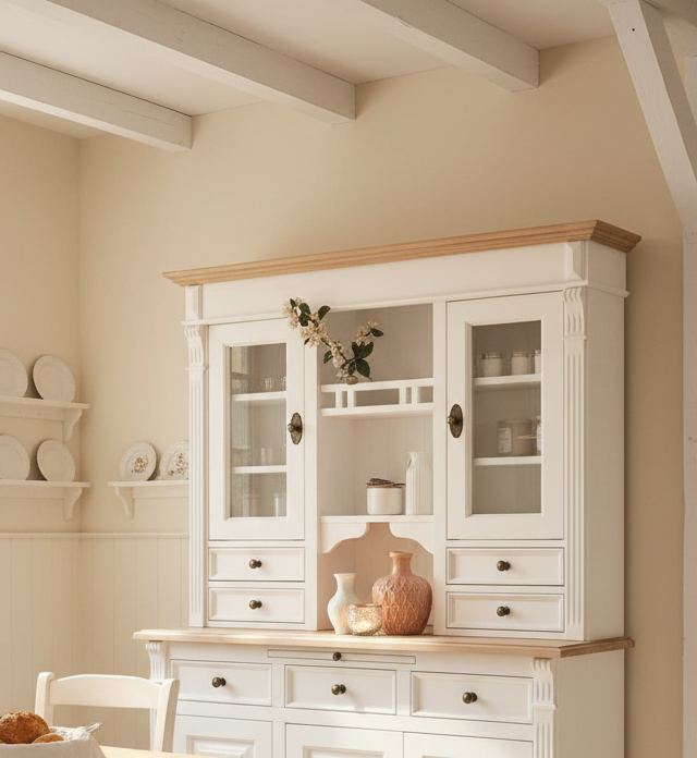 "Elana" - Landhaus-Buffet, Landhaus Vitrine mit Eichenplatte 138 cm