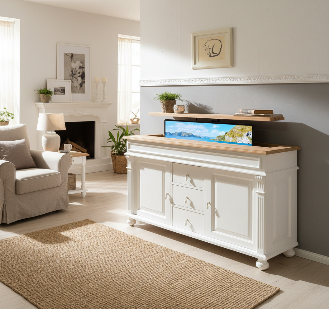 "Noemi" : Meuble TV avec système de levage pour téléviseurs de 55 ou 65 pouces, style maison de campagne