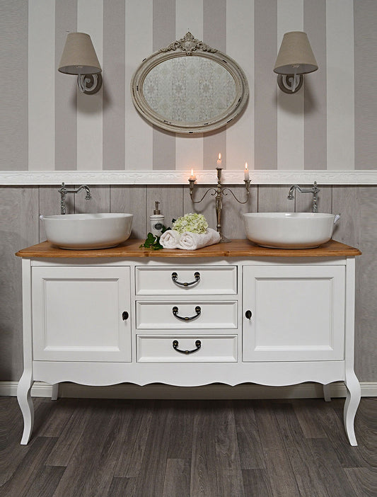 "Adeline" country house double washbasin with oak top in Chippendale style