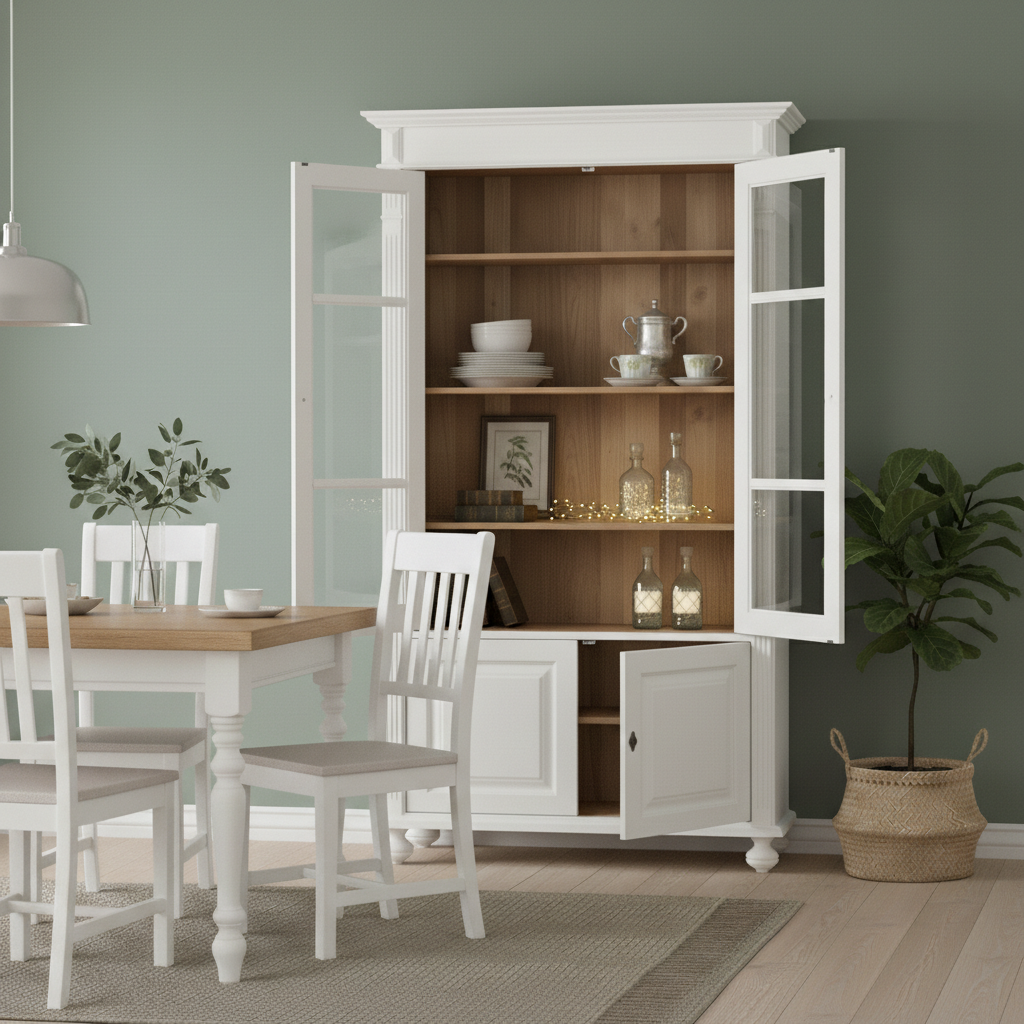 "Arles" - Weiße Esszimmer-Vitrine im Landhausstil mit Stauraum
