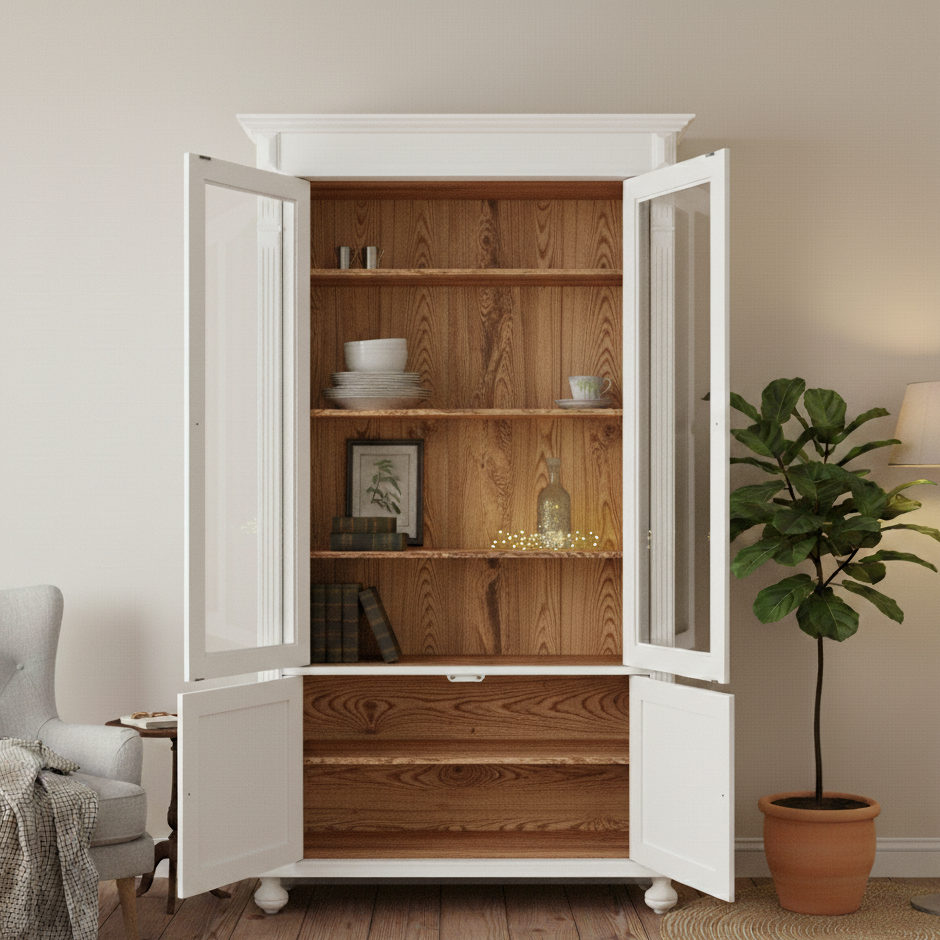 "Arles" - Weiße Esszimmer-Vitrine im Landhausstil mit Stauraum