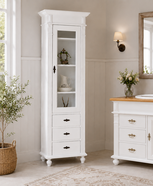 Zarnè - Elegant tall cabinet in Wilhelminian style, variable feet, country house furniture in solid wood, white
