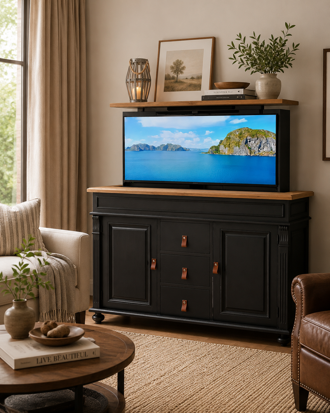 "Bari": Kommode mit herausfahrbarem TV-Lift - 55 Zoll oder 65 Zoll