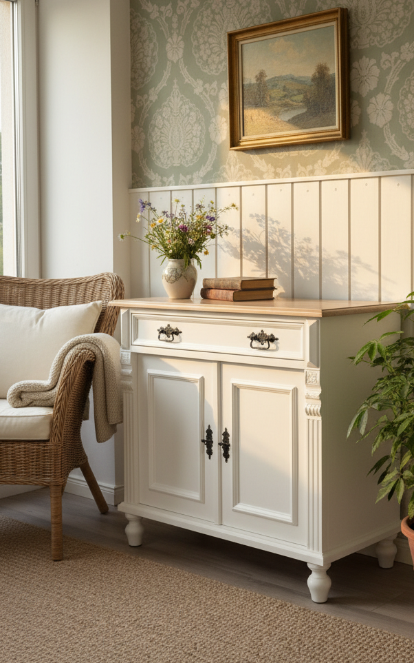 "Kommode Camille" - weiße Massivholz-Kommode mit Eichenplatte weiß gewischt 80cm / 90cm