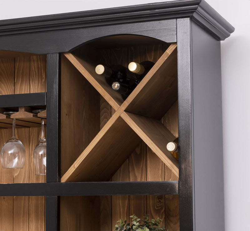 "Colon Noir" - Charmantes Landhaus-Buffet in schwarz mit Platz für Gläser und Weinflaschen
