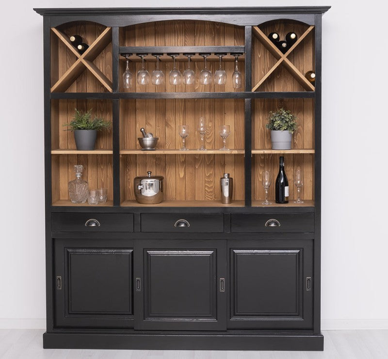 "Colon Noir" - Charmantes Landhaus-Buffet in schwarz mit Platz für Gläser und Weinflaschen