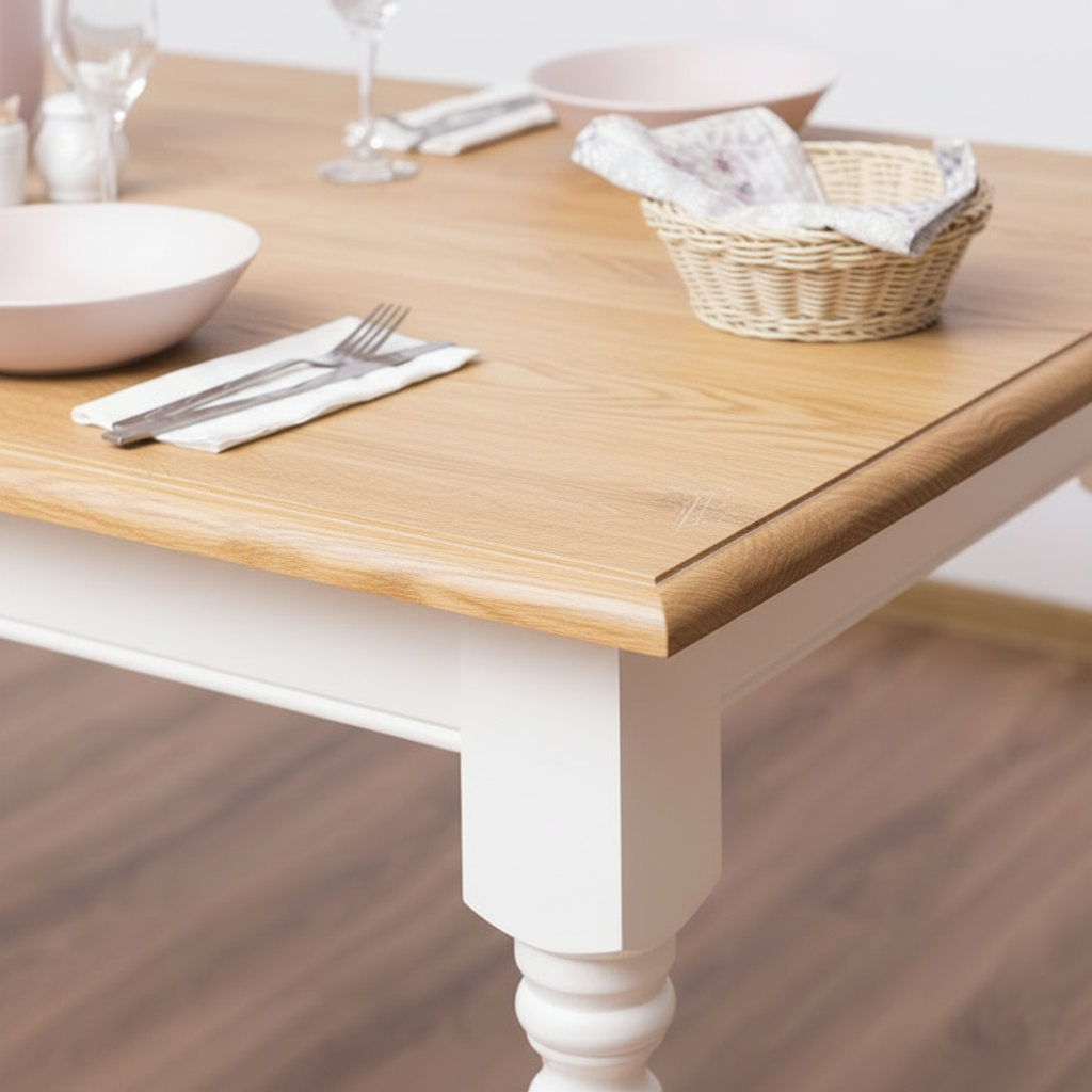 "Diable" - Country-style dining table with oak top, drawers and turned legs